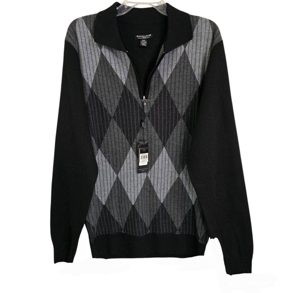 Sahara Club Mens Black Argyle Quarter‎ Zip Sweater Long Sleeve Size M NWT